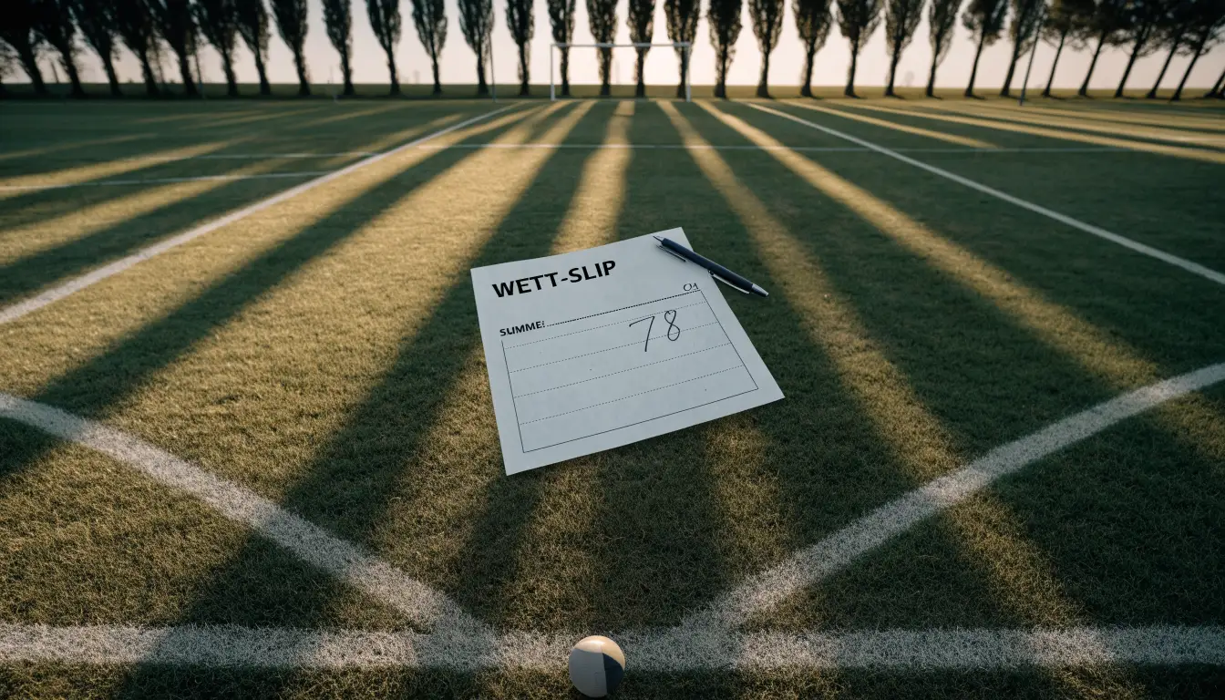 Ein leerer Fussballplatz mit weissen Linien von oben gesehen im Morgenlicht, am Rand stehen zwei Tore und eine Reihe Pappeln.