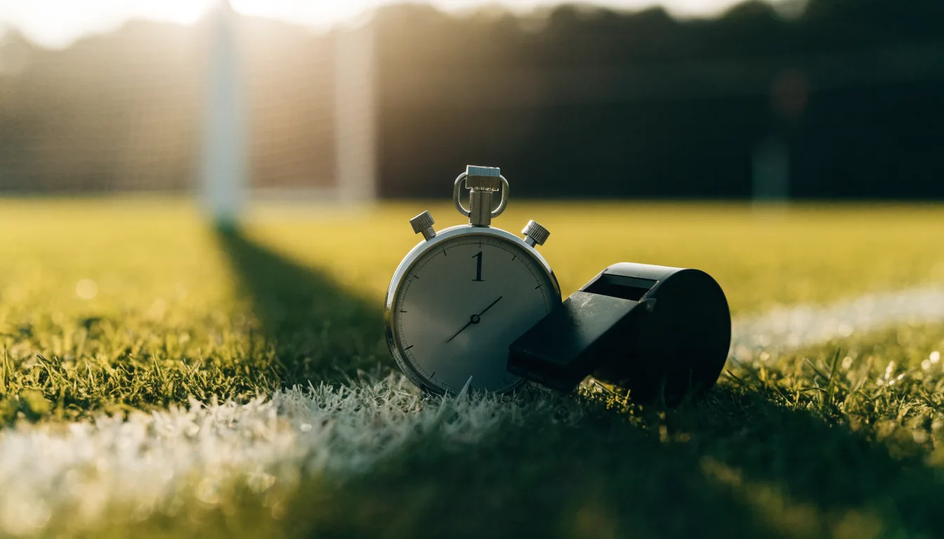Eine Stoppuhr liegt neben einer Trillerpfeife auf einem Stück Rasen an der Seitenlinie eines Fussballfelds im Gegenlicht.