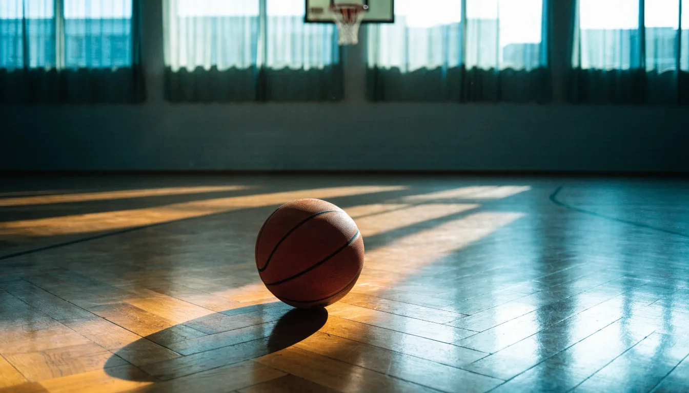 Ein Basketball liegt unter dem Korb in einer leeren Sporthalle, durch hohe Fenster fällt Tageslicht auf das Parkett.