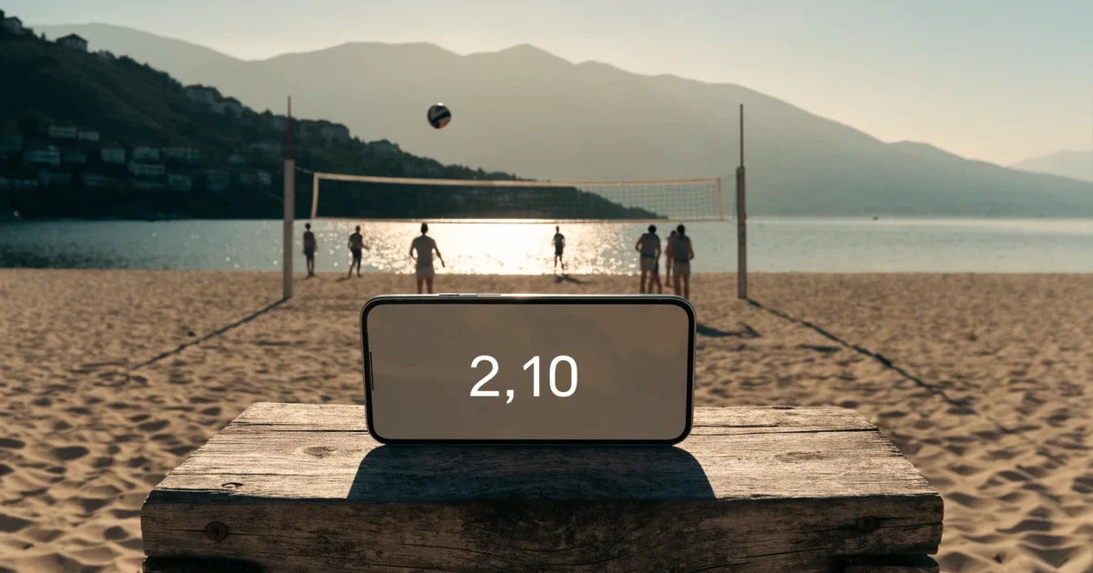 Ein Volleyball liegt am Fuss des Netzes auf Sand, im Hintergrund glitzert ein See und ein Bergzug steht im Dunst.