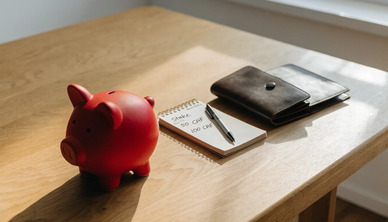 Ein Sparschwein aus Keramik steht auf einem Küchentisch neben einer leeren Geldbörse im Licht des Morgens.