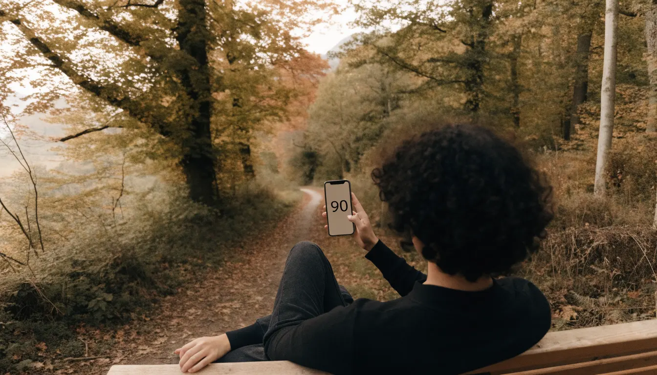 Ein Waldweg im Herbst mit buntem Laub, in der Ferne geht eine einzelne kleine Gestalt zwischen den Bäumen.