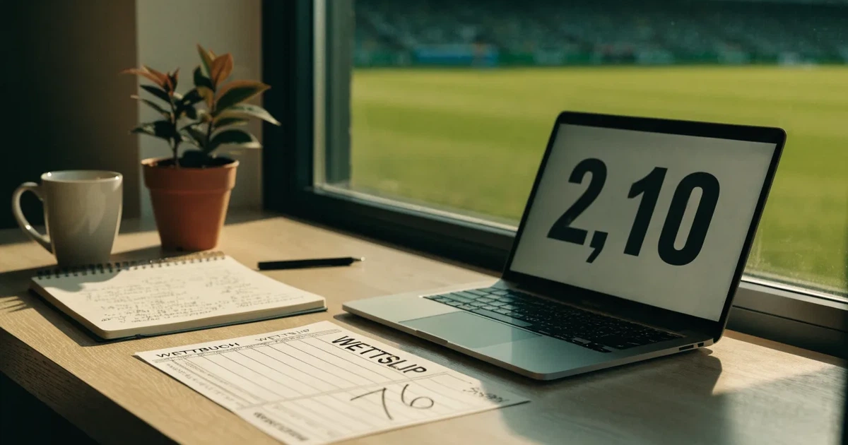 Ein aufgeräumter Schreibtisch mit Pflanze und Tasse in einem Heimbüro, vor dem Fenster liegt ein Fussballplatz im Gegenlicht.