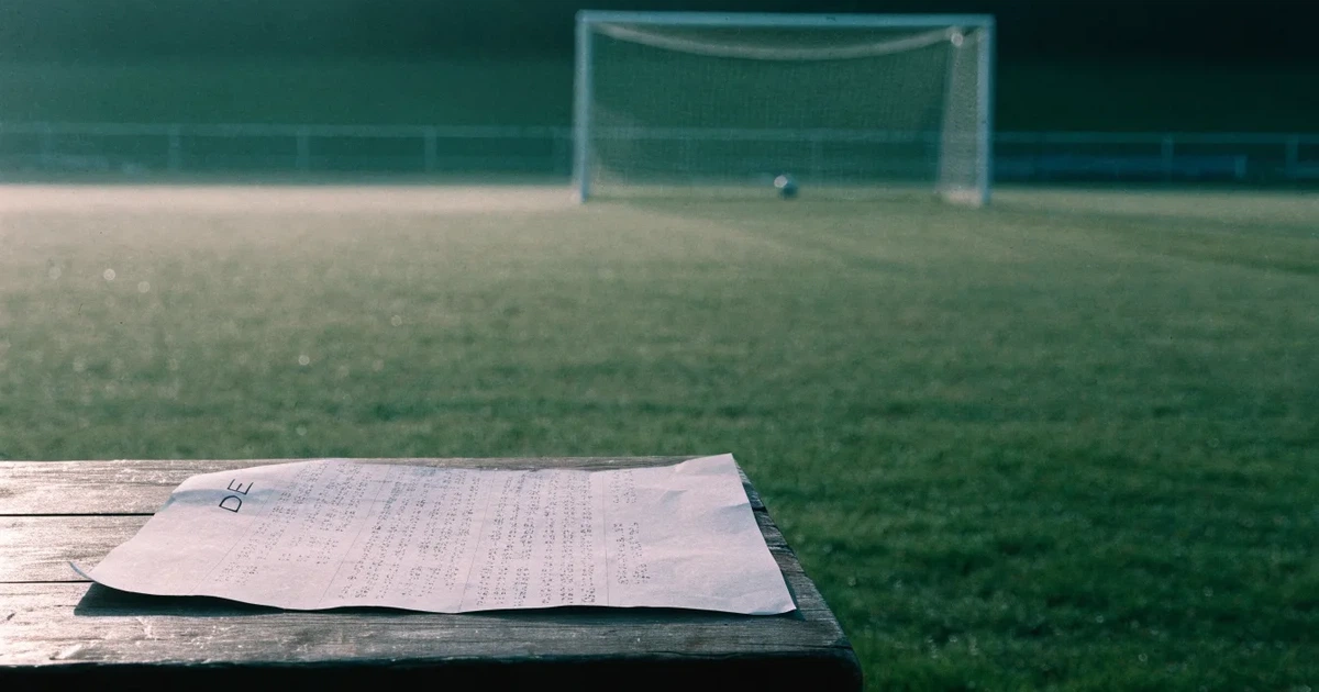 Ein Fernglas liegt auf einer leeren Holzbank an der Seitenlinie eines Fussballfelds, vom Rasen steigt Nebel auf.