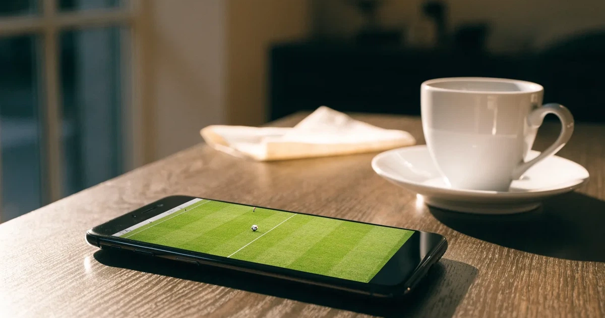 Ein Smartphone mit dunklem Display liegt auf einem Holztisch neben einer Kaffeetasse, durch das Fenster fällt warmes Abendlicht.