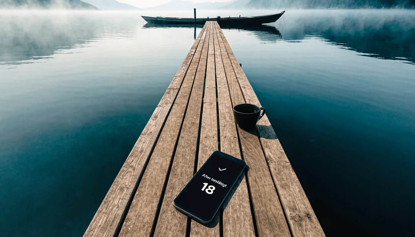 Ein Seeufer mit einem Holzsteg und einem vertäuten Ruderboot im Morgennebel, im Hintergrund die Silhouette von Bergen.