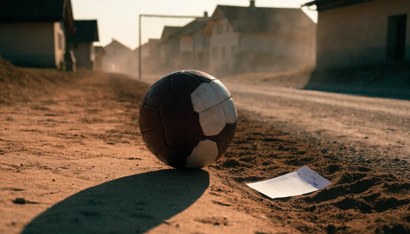 Ein Fussball liegt auf rotbraunem Sand am Rand eines Dorfes, die Abendsonne wirft lange Schatten.