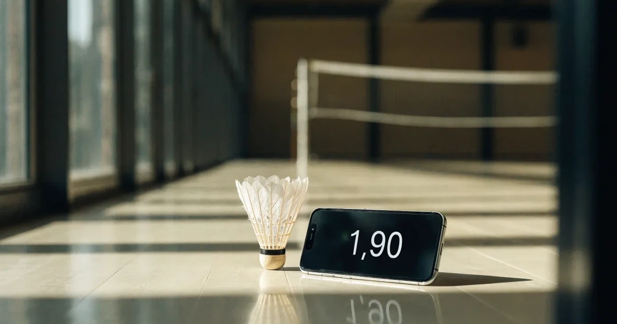 Ein Federball liegt auf dem Boden einer leeren Sporthalle, das Netz verschwimmt im Hintergrund, Licht fällt durch hohe Fenster.