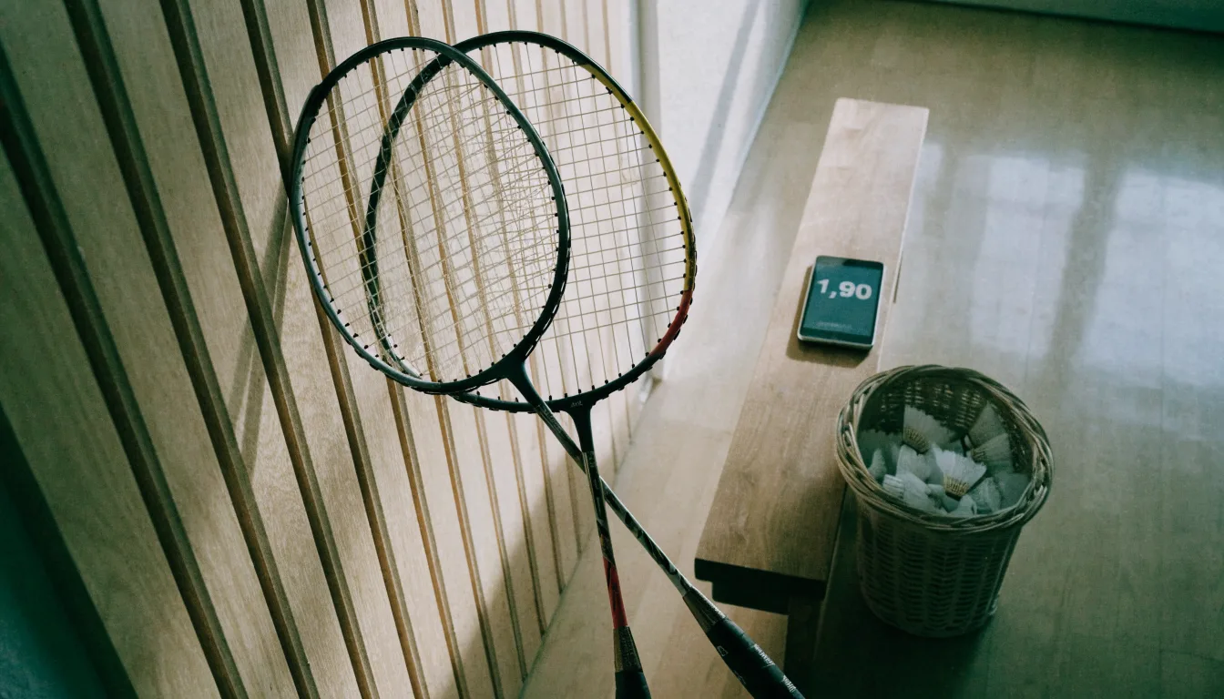 Zwei Badmintonschläger lehnen gekreuzt an einer Hallenwand aus Holz, daneben steht ein Korb mit Federbällen.