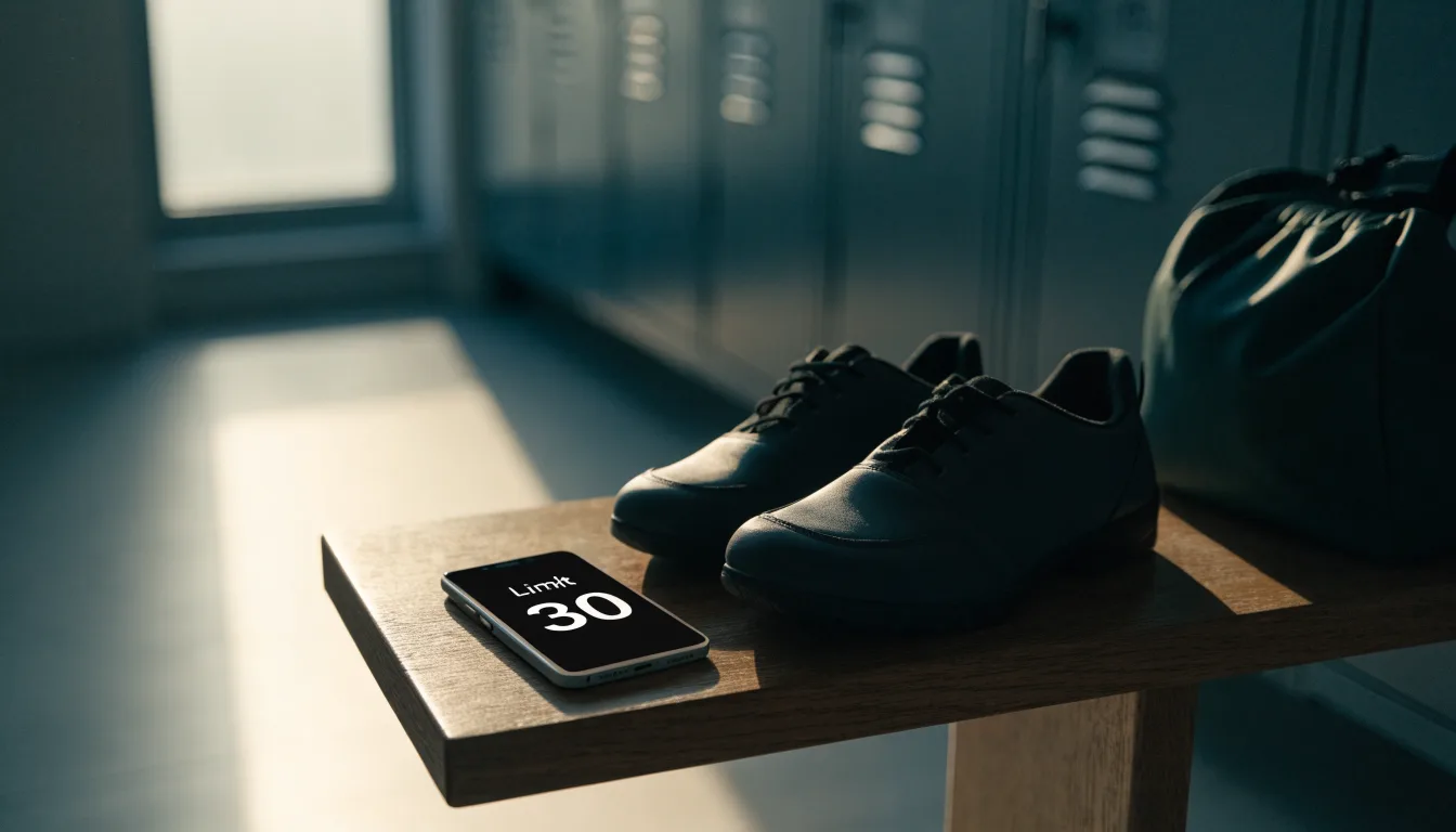 Ein Paar Hallenschuhe steht ordentlich neben einer Sporttasche auf einer Bank in einer leeren Garderobe, ein Fenster lässt Morgenlicht herein.