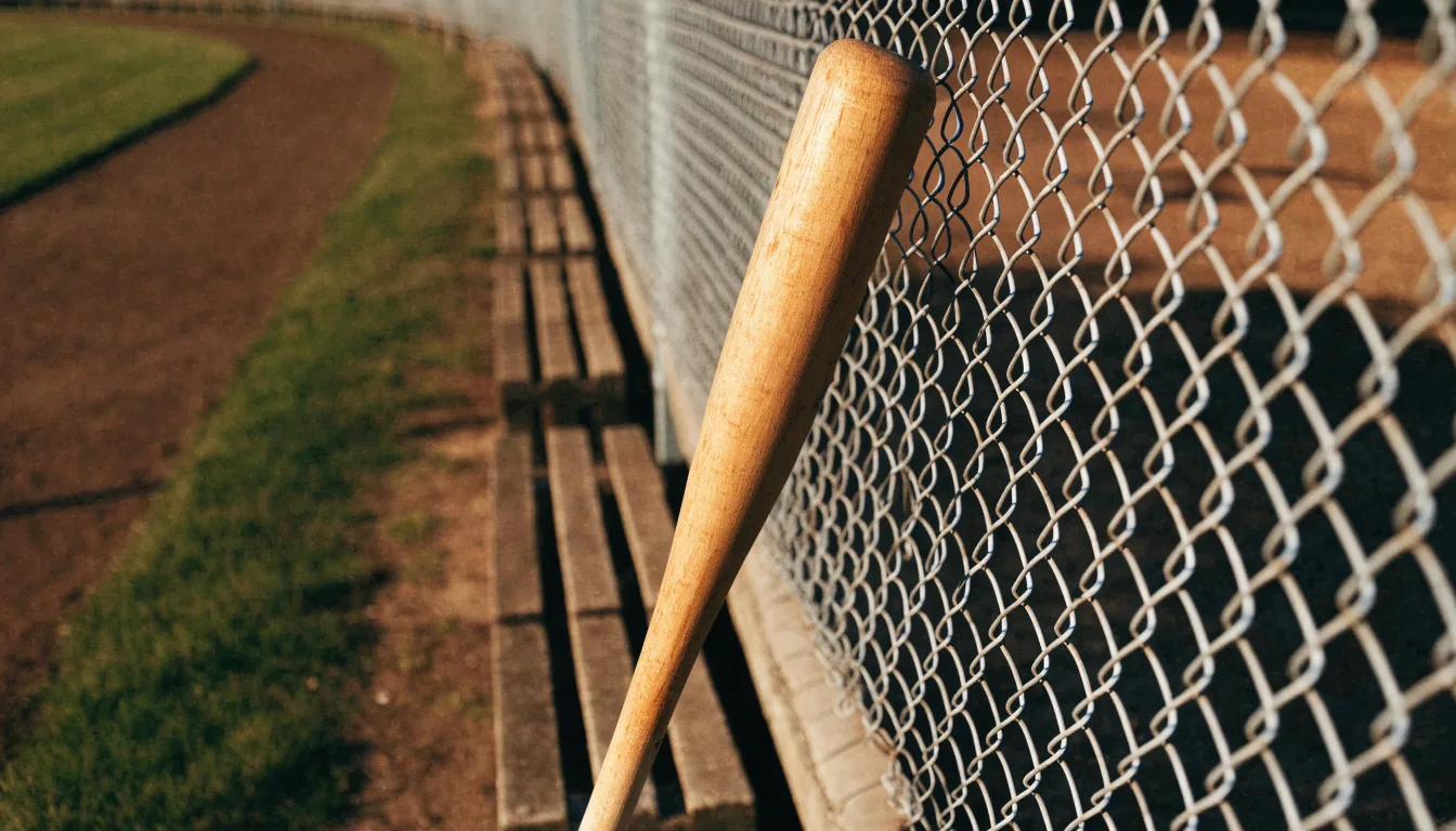 Ein Holzschläger lehnt an einem Drahtzaun neben einer Reihe leerer Zuschauerbänke im Licht des späten Nachmittags.