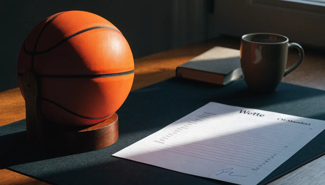 Ein Basketball liegt auf einem Asphaltplatz in einem Hinterhof zwischen Wohnblöcken, das Abendlicht färbt die Wände warm.