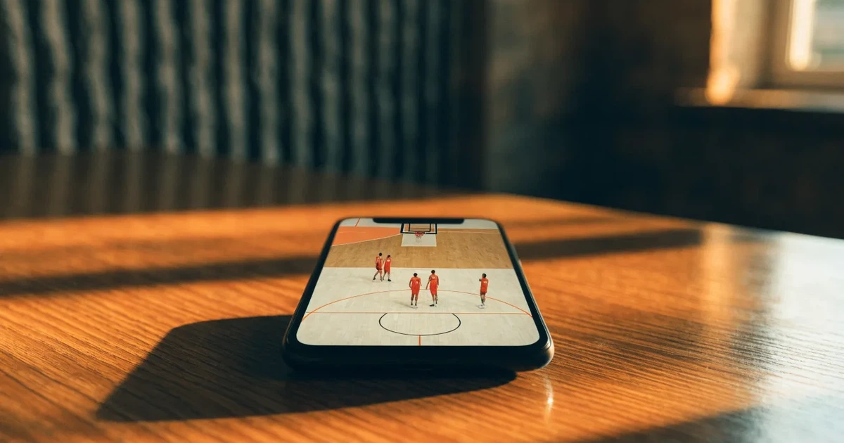 Ein Basketballkorb mit Netz in einer leeren Halle, Licht fällt von hohen Fenstern auf den glänzenden Parkettboden.