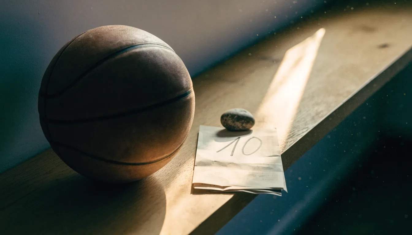 Ein abgenutzter Lederball liegt auf einem Holzregal in einem Vereinsraum, ein Sonnenstrahl macht den Staub sichtbar.