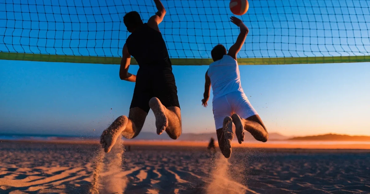 Ein Volleyball liegt auf feinem hellem Sand, ein gespanntes Netz verschwimmt dahinter, das Licht kommt von einem weiten Meer.