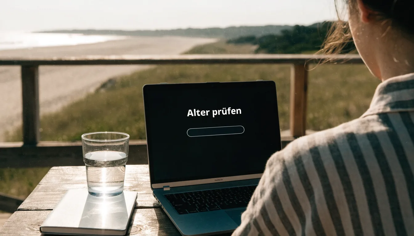 Spuren im Sand führen durch Dünengras auf den Horizont zu, die Sonne steht tief und färbt den Himmel orange.