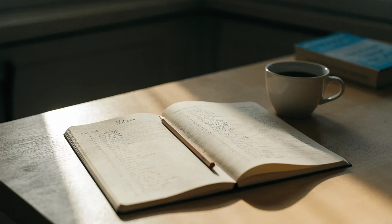 Ein aufgeschlagenes Notizbuch mit handgeschriebenen Spalten und ein Bleistift neben einer Tasse Kaffee auf einem Holztisch am Morgen