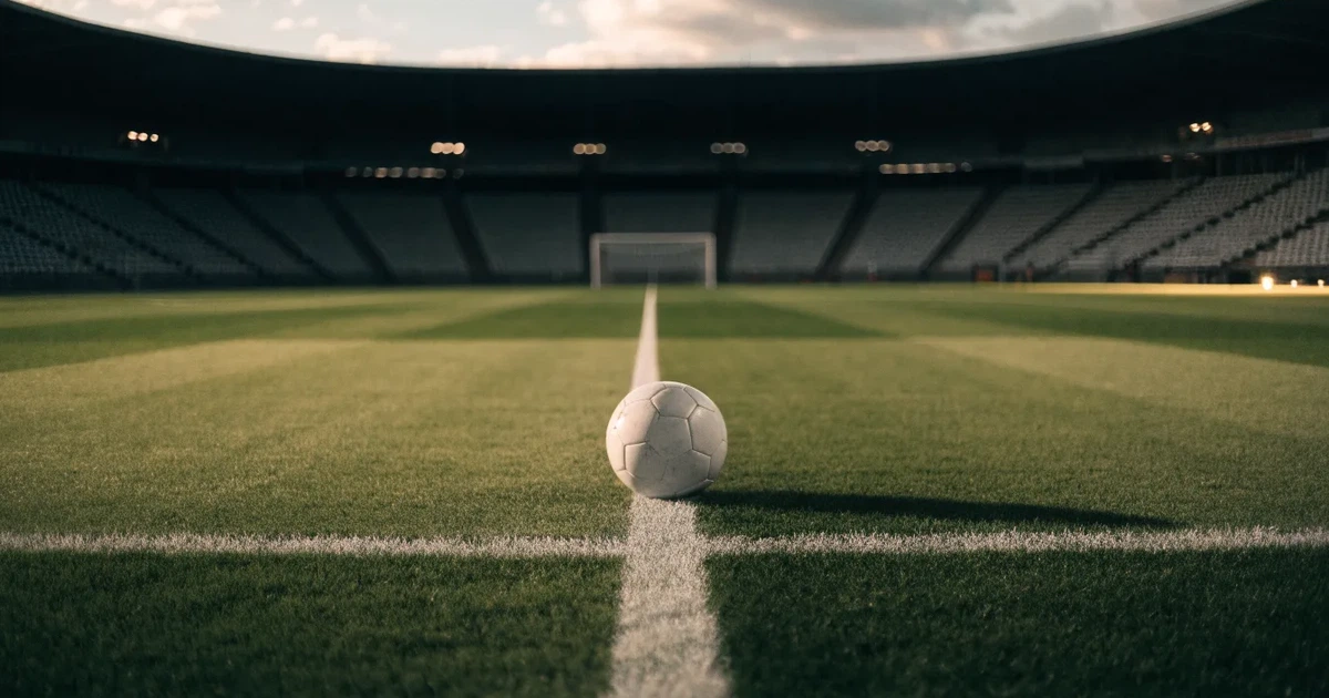 Ein Fussball liegt auf dem Anstosspunkt eines frisch gemähten Rasens, dahinter eine grosse Tribüne unter bewölktem Himmel