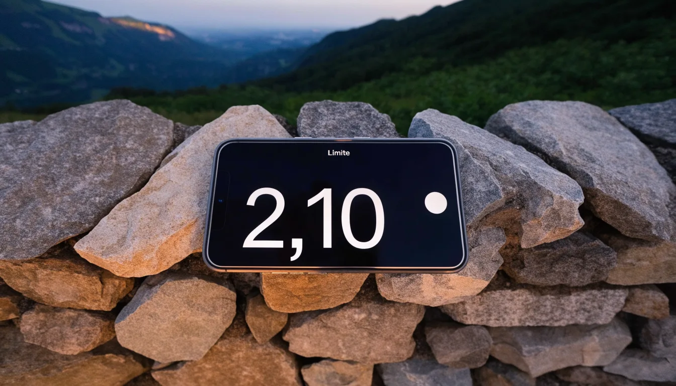 Ein Smartphone mit dunklem Display liegt auf einer Steinmauer, dahinter ein Alpental im Abendlicht