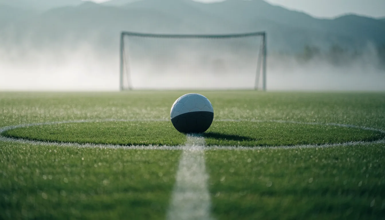Ein einzelner Fussball auf dem Mittelpunkt eines leeren Rasens im Morgennebel, hinter dem Tor ragen Berge auf