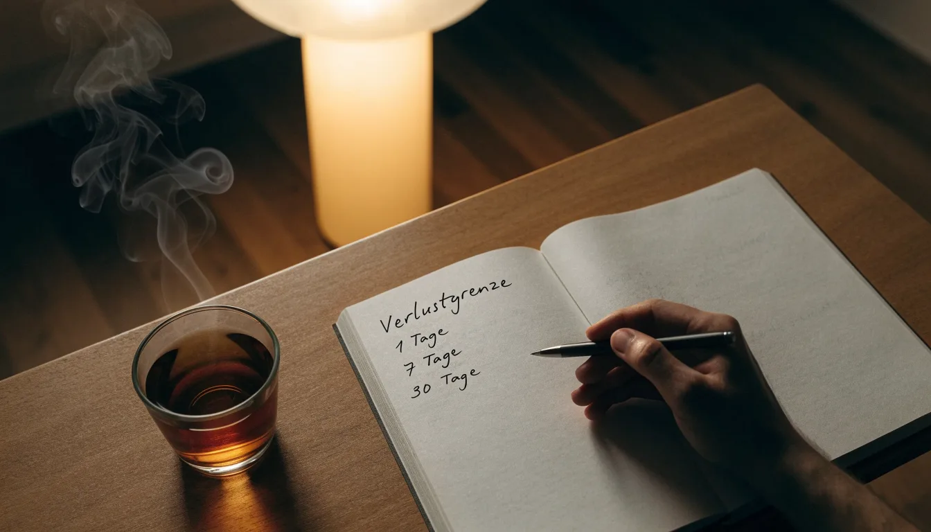 Ein Notizbuch mit handschriftlichen Einträgen und eine Tasse Tee stehen auf einem Tisch neben einer Stehlampe