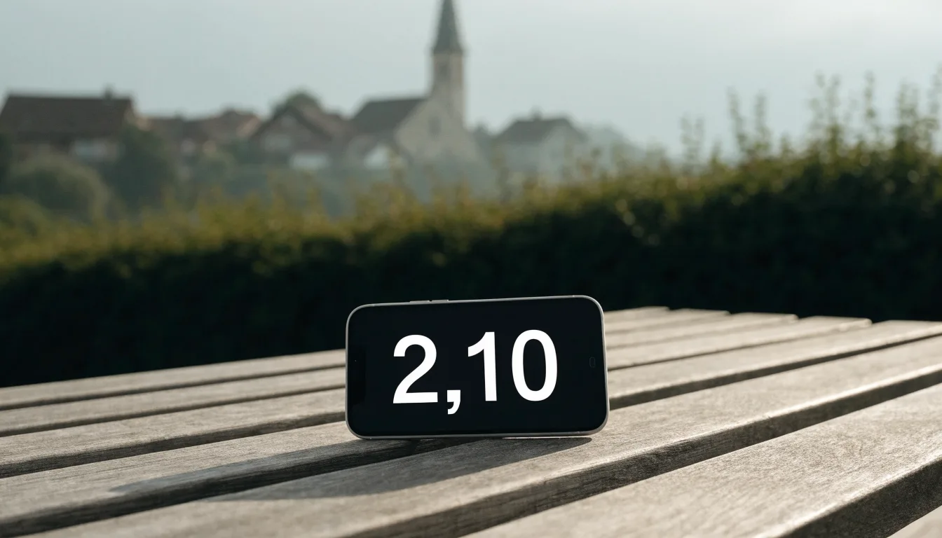 Ein Smartphone mit dunklem Display liegt auf einer Parkbank, dahinter ein Schweizer Dorf mit Kirchturm im Dunst