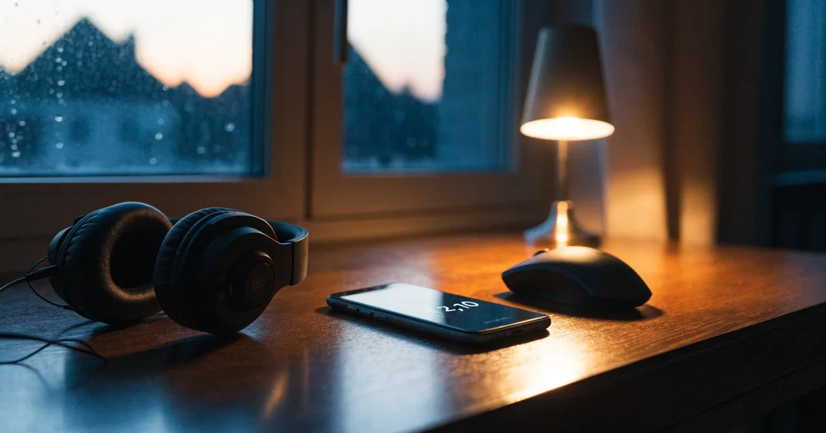 Ein Headset und eine Computermaus liegen auf einem Holzschreibtisch neben einer Tischlampe, draussen ist es Abend