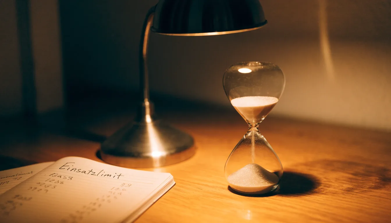 Eine Sanduhr steht auf einem Schreibtisch neben einem Notizbuch mit handschriftlichen Einträgen im Licht einer Lampe