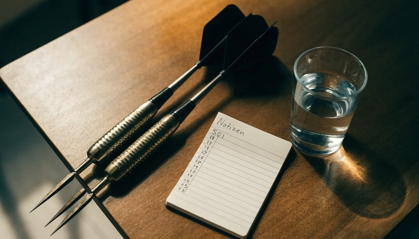 Drei Dartpfeile liegen auf einer Holzfläche neben einem Notizblock mit handschriftlichen Zahlen und einem Glas Wasser