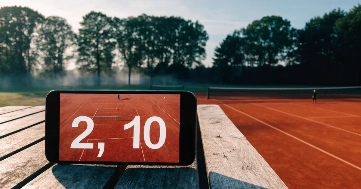 Ein Tennisplatz aus Sand bei Sonnenaufgang mit gespanntem Netz, Nebel zwischen den Bäumen am Rand