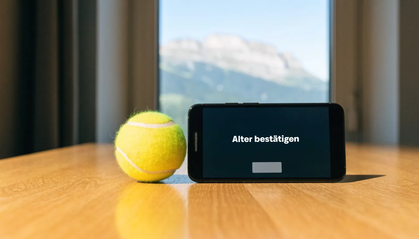 Ein einzelner gelber Tennisball liegt auf einem Holztisch vor einem Fenster mit Alpenblick