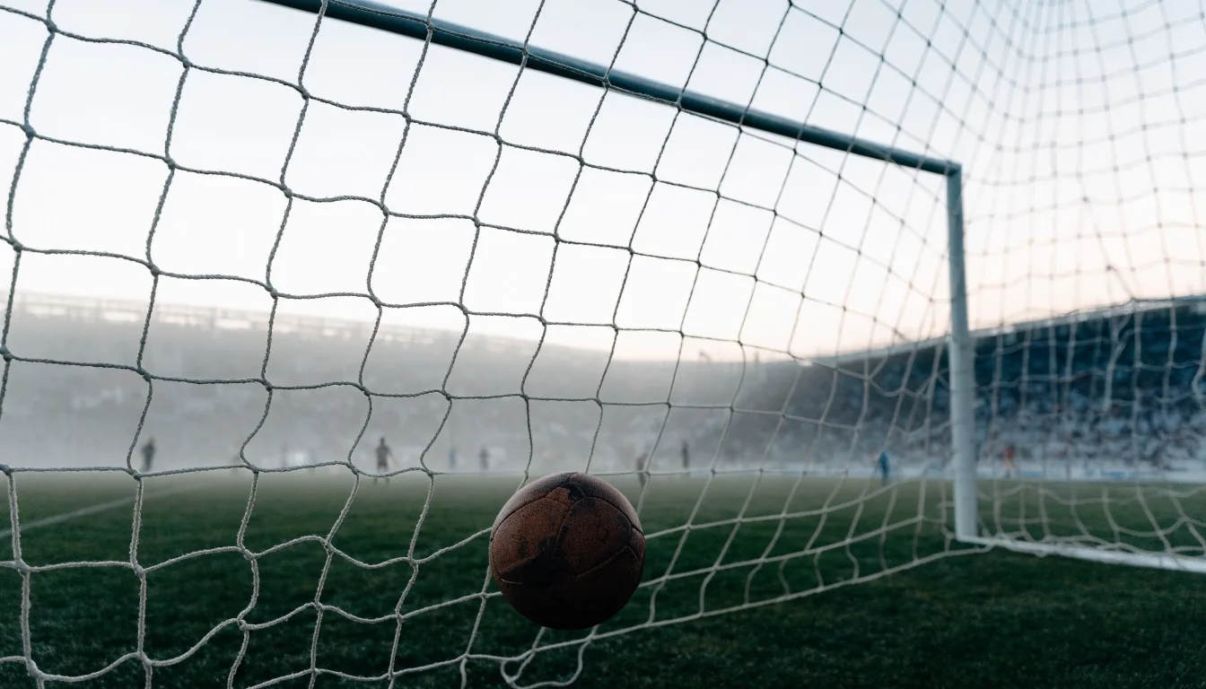 Ein Fussball liegt im Netz hinter einem Tor, weicher Morgennebel hängt über dem Rasen