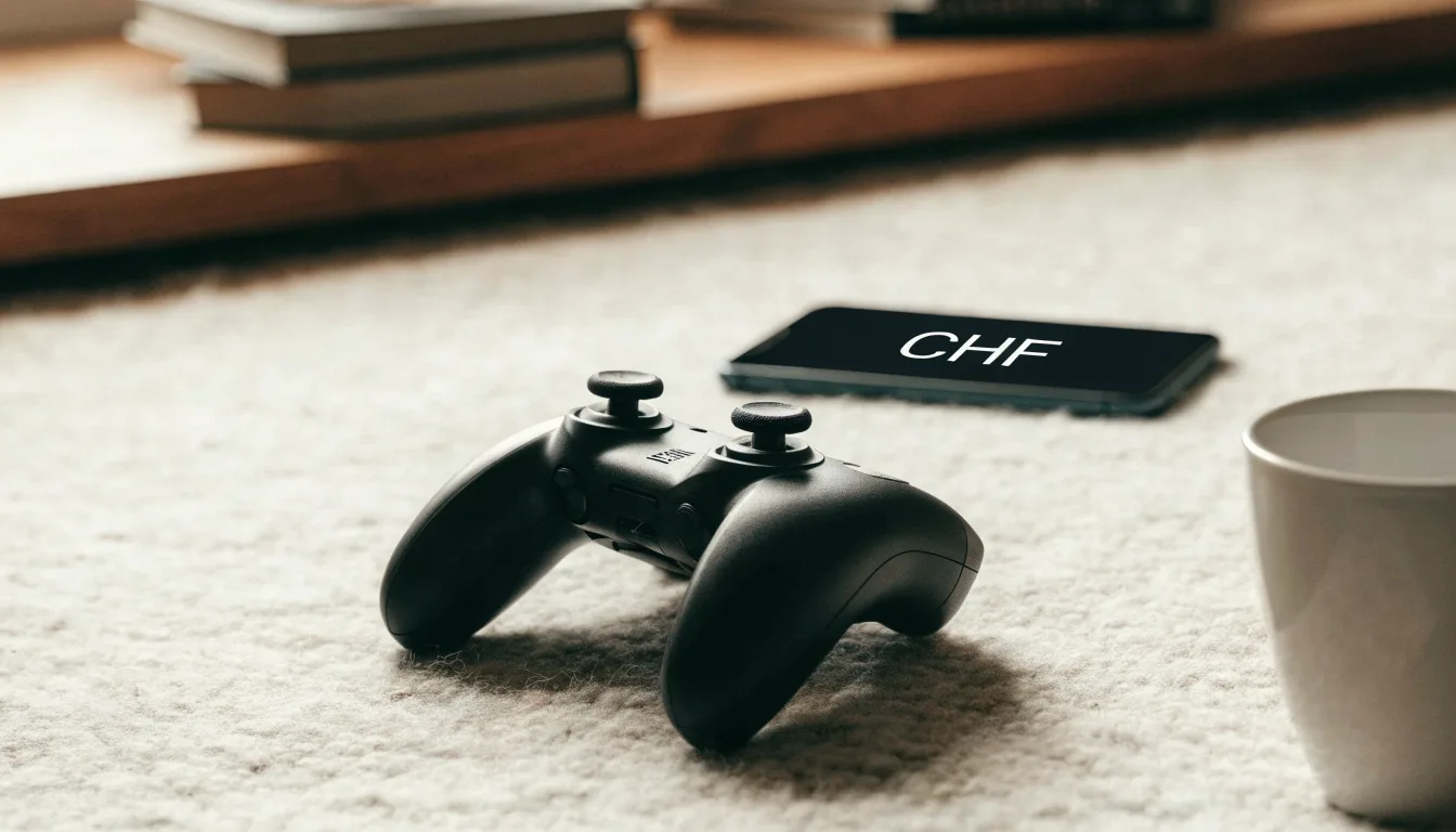 Ein Spielcontroller liegt auf einem Teppich neben einer Tasse, im Hintergrund ein Regal mit Büchern