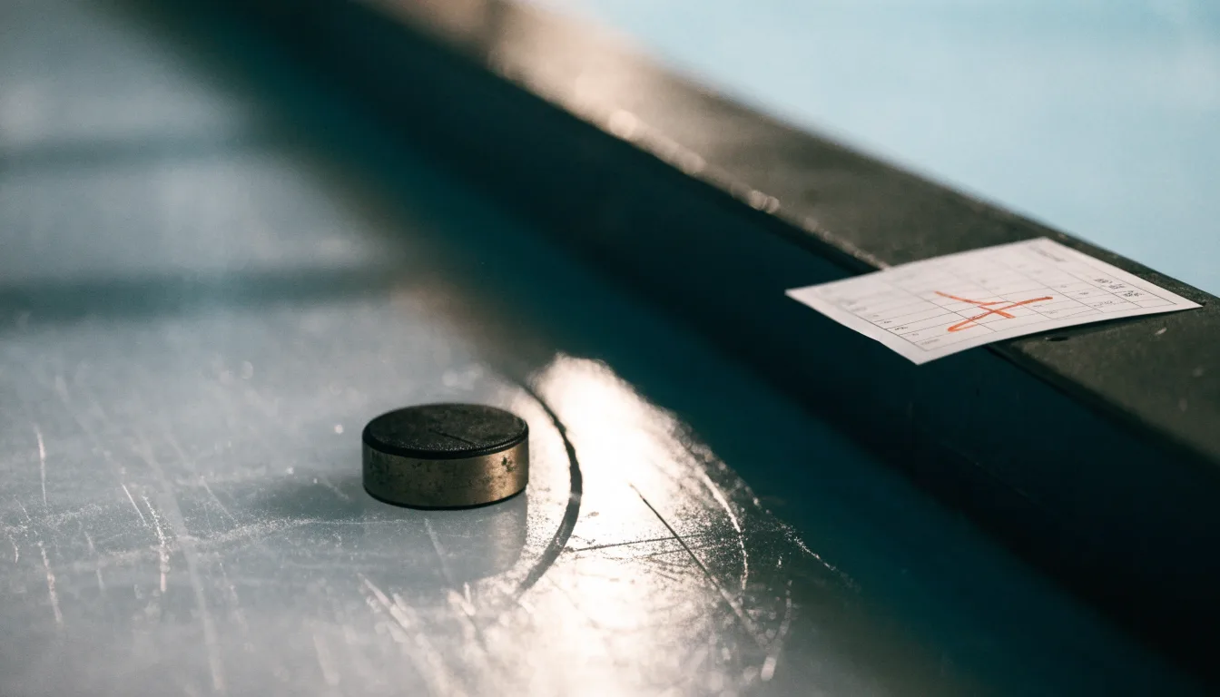 Ein Eishockeypuck liegt auf einer Eisfläche mit Kratzspuren, Nahaufnahme mit kühlen Reflexen