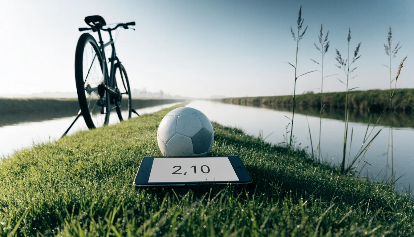 Ein Fussball liegt auf einer Wiese neben einem Fahrrad, im Hintergrund ein Kanal im Morgenlicht