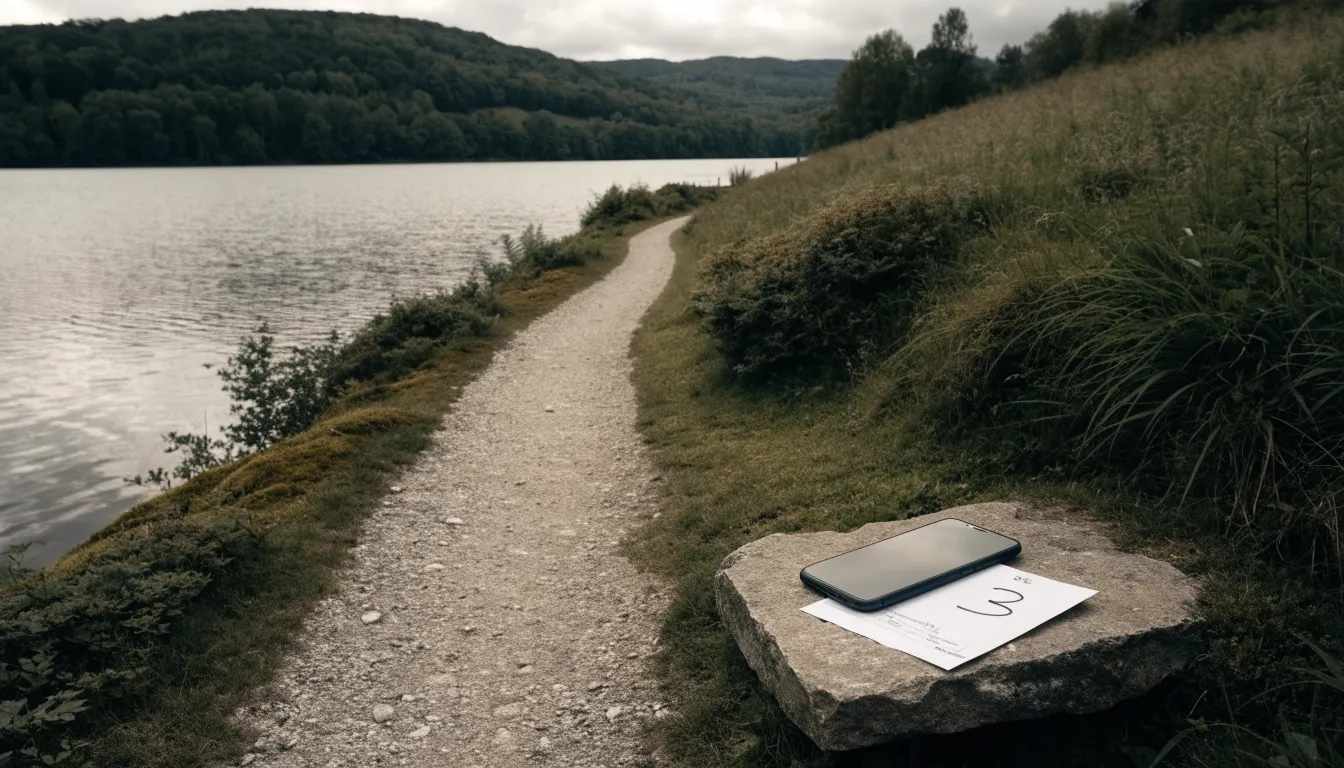 Ein schmaler Wanderweg führt am Seeufer entlang, auf einem Stein liegt ein Smartphone mit dunklem Display