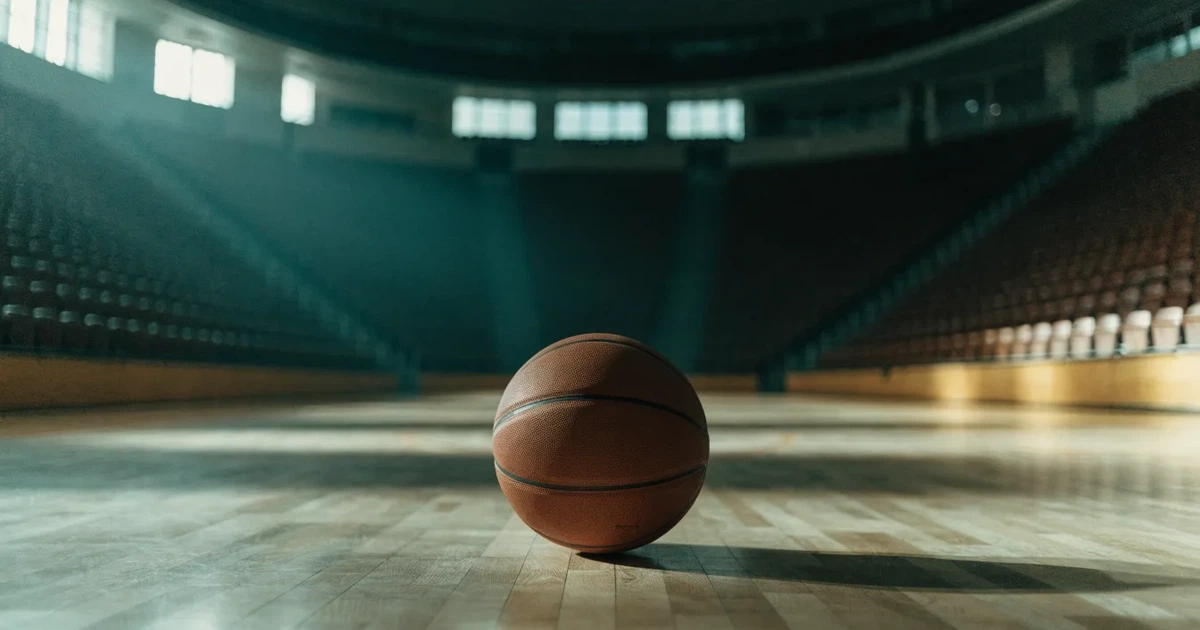 Ein Basketball liegt auf dem hellen Parkett einer leeren Halle, im Hintergrund steigen die Tribünenreihen im Halbdunkel an.