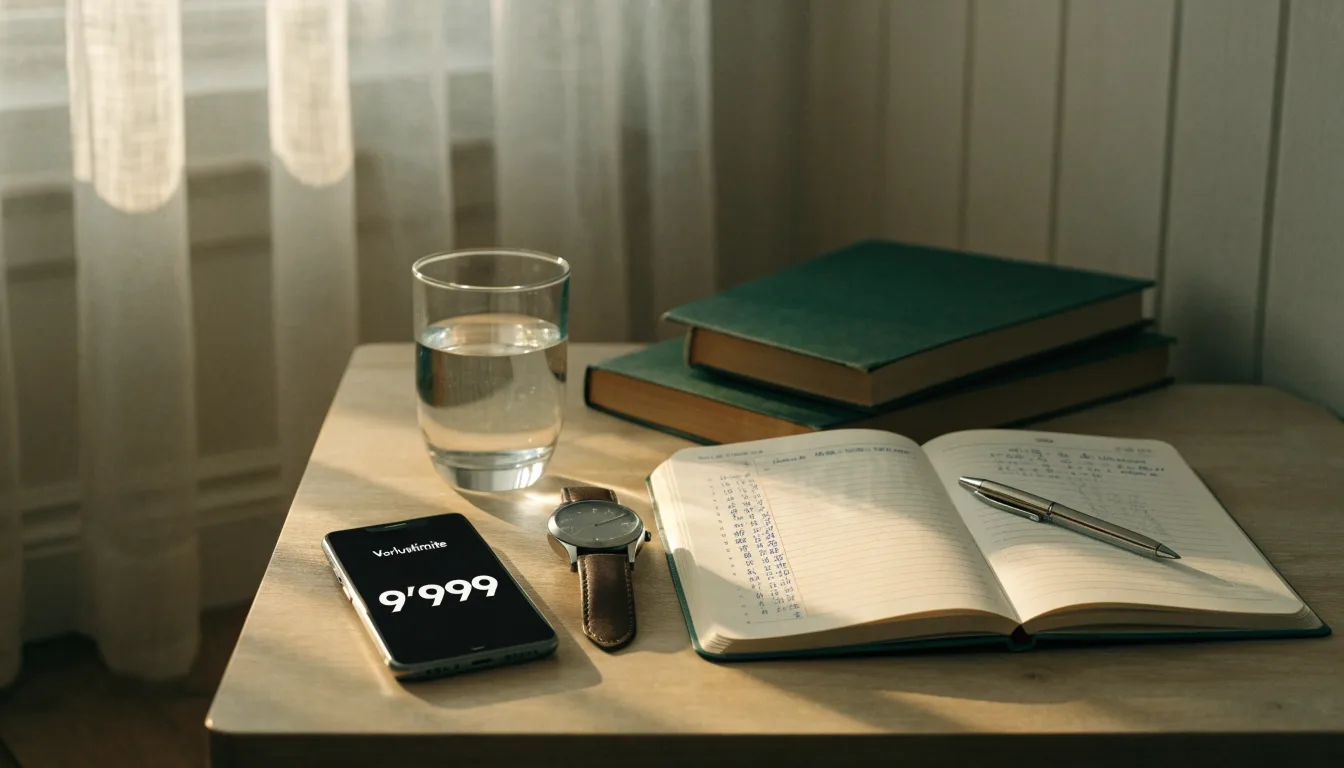 Eine Armbanduhr und ein Wasserglas stehen auf einem Nachttisch im ersten Morgenlicht, daneben ein zugeklapptes Buch.