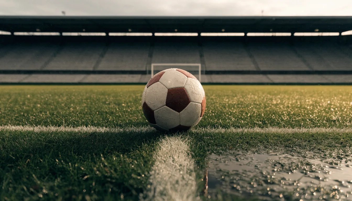 Ein Fussball liegt auf dem Anstosspunkt eines nassen Rasens, dahinter eine leere Tribüne unter grauem Himmel.