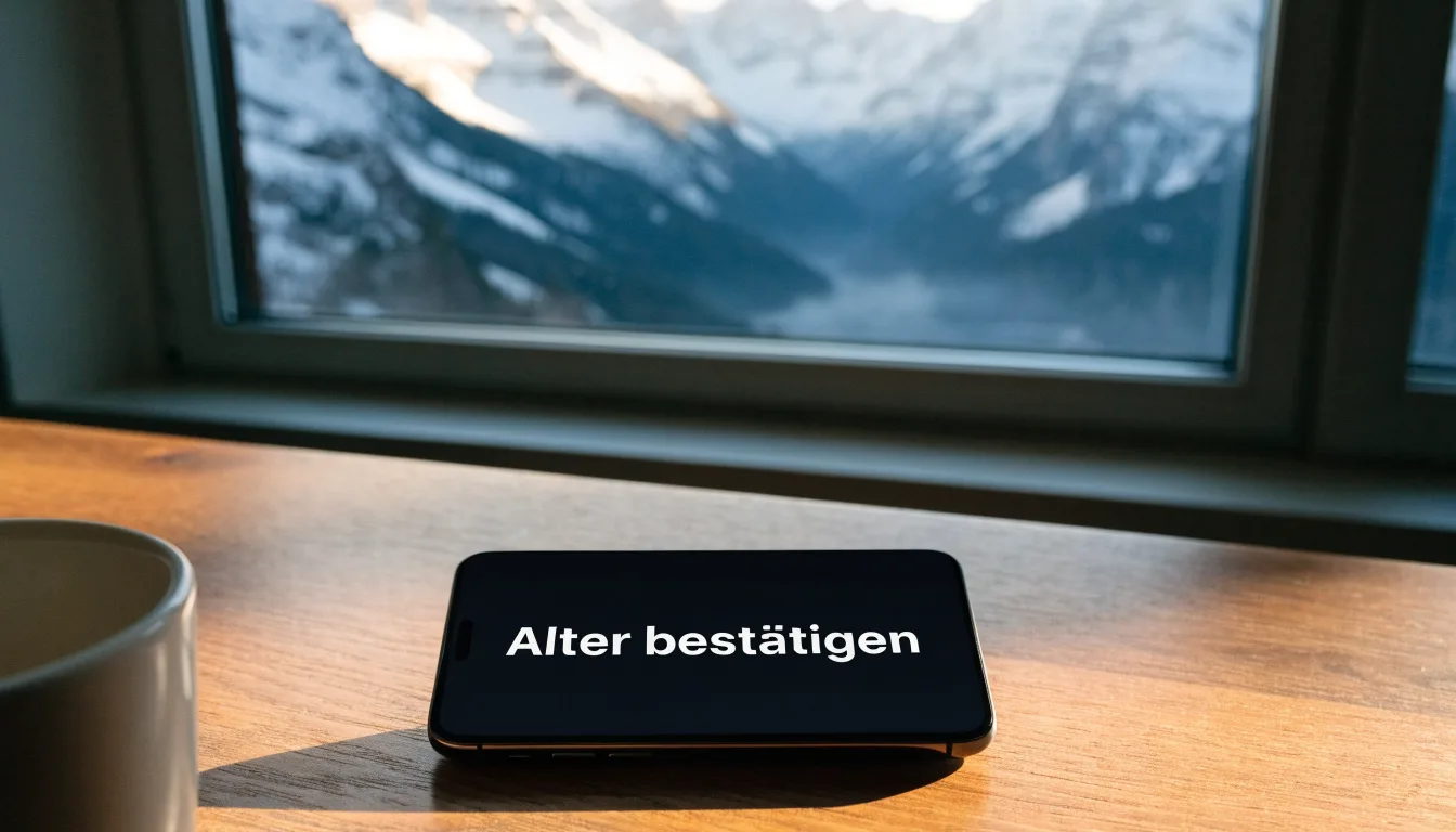 Schneebedeckte Berge ragen hinter einem kleinen Stadion in einem Alpental auf, im Vordergrund ein leerer Parkplatz am Morgen.