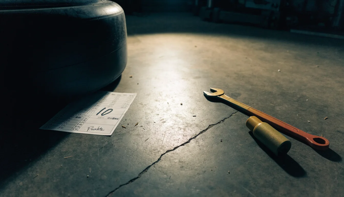 Ein Rennreifen liegt auf dem Betonboden einer Werkstatt, daneben Werkzeug im Licht einer Deckenlampe.