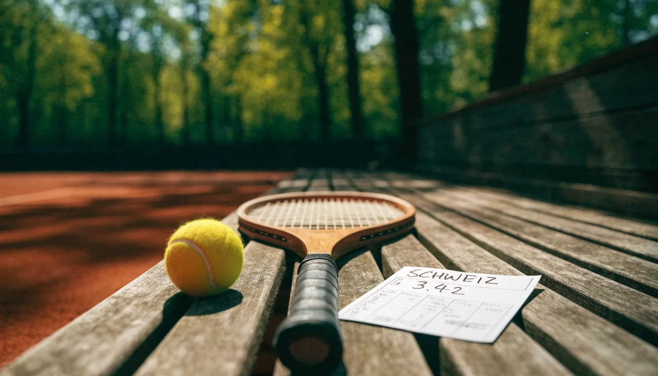 Ein Tennisball und ein Schläger ruhen auf einer Holzbank am Spielfeldrand, im Hintergrund hohe Bäume im Sommerlicht.