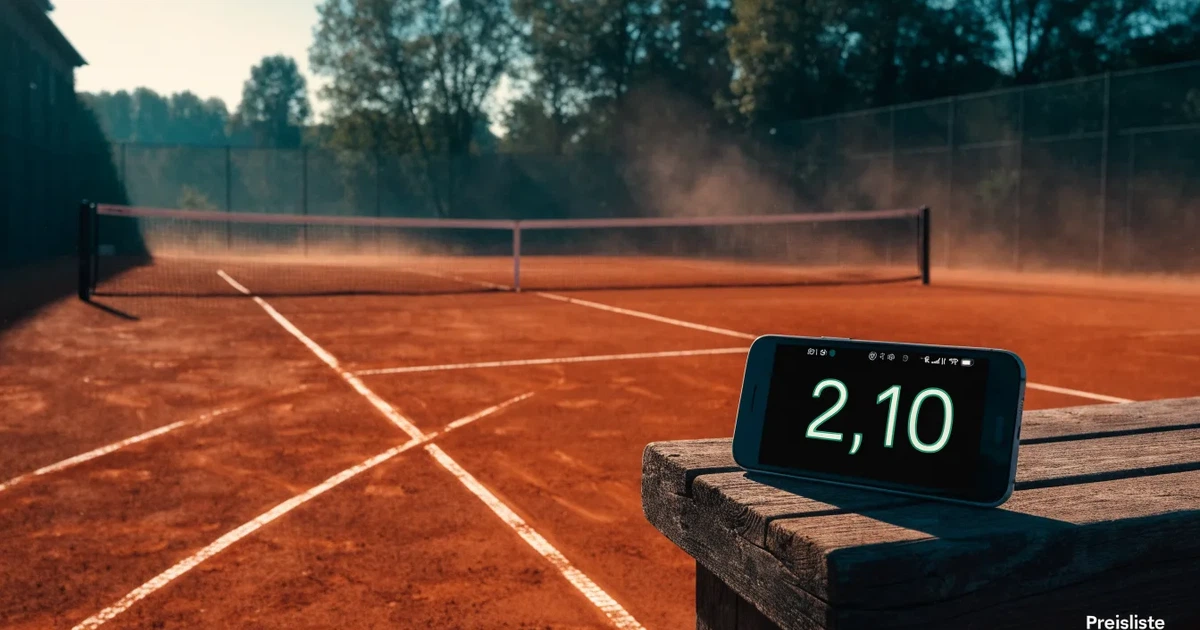 Ein Tennisplatz aus rotem Sand liegt im ersten Licht des Morgens, das Netz hängt still und die Linien sind frisch gezogen.