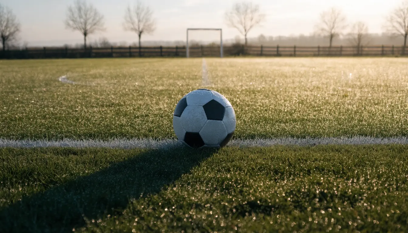 Ein Fussball liegt im Tau auf der Mittellinie eines Dorfplatzes bei Sonnenaufgang, der Rasen glitzert.