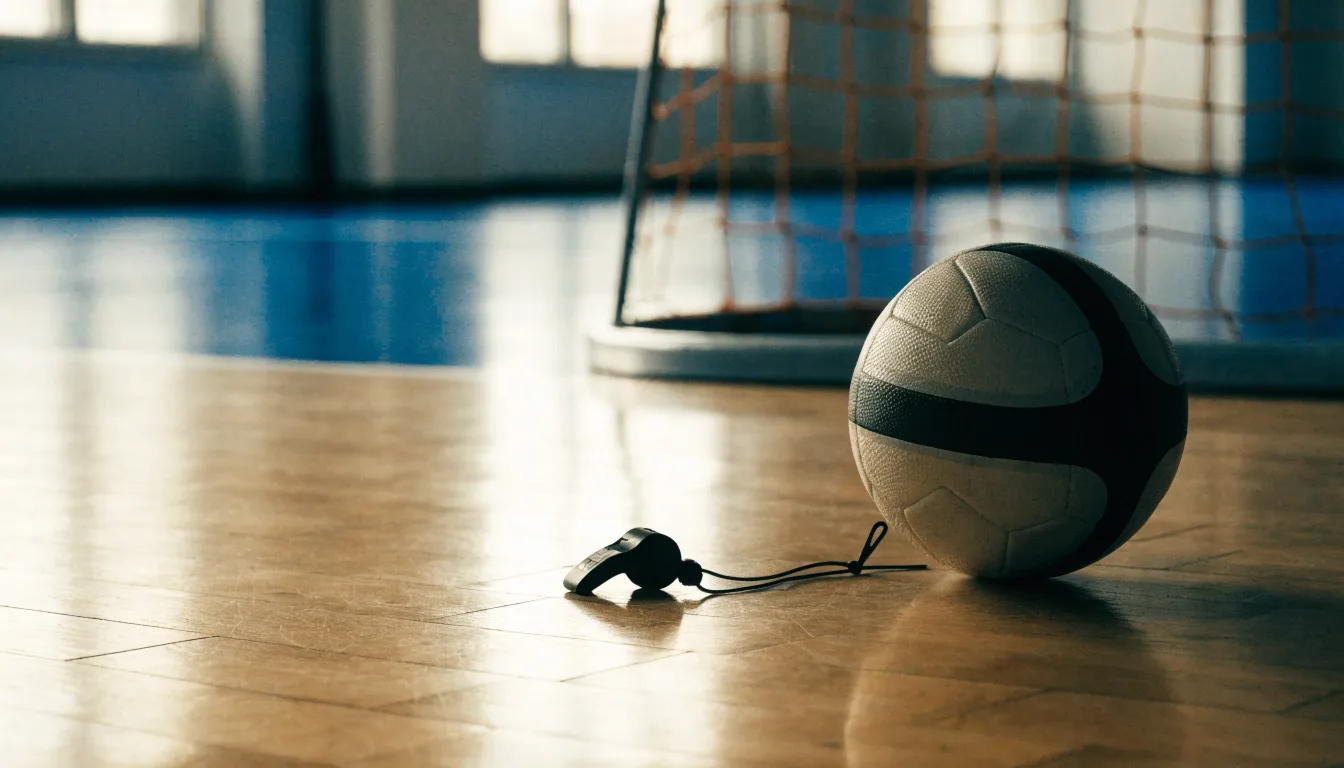 Ein kleiner, schwerer Ball liegt auf glattem Hallenparkett neben einer Trillerpfeife an einer Schnur.