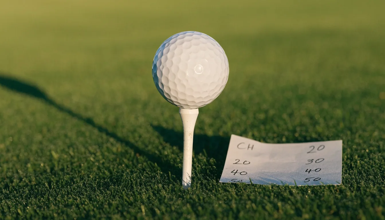 Ein Golfball liegt auf einem Holztee im Gras, scharf im Vordergrund, dahinter verschwimmt eine weite Wiese.