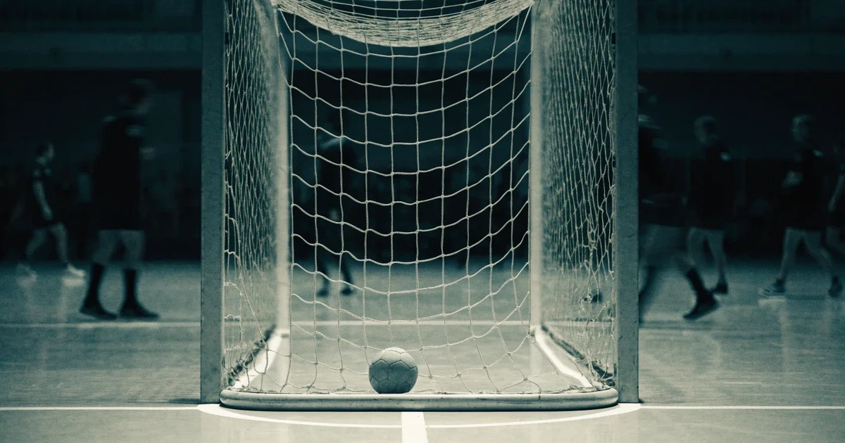 Ein Tor mit dicht gespanntem Netz steht in einer grossen Halle, davor liegt ein Handball auf der Torraumlinie.