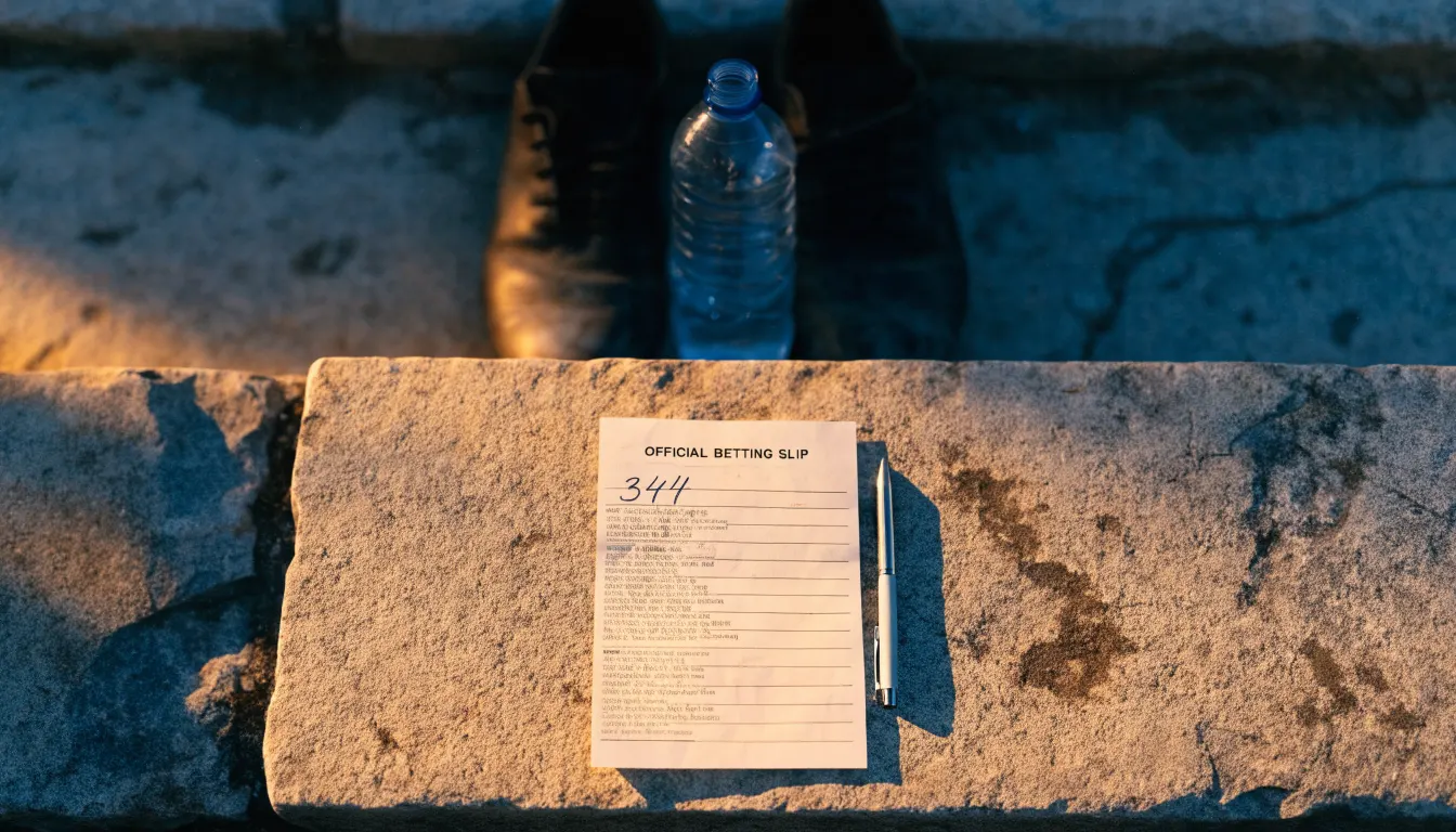 Ein Paar abgetragene Fussballschuhe steht neben einer Wasserflasche auf einer Treppenstufe im Sonnenlicht.
