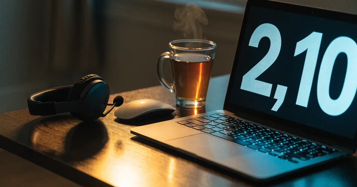 Ein Headset und eine Computermaus liegen auf einem dunklen Schreibtisch, daneben ein Becher mit dampfendem Tee.