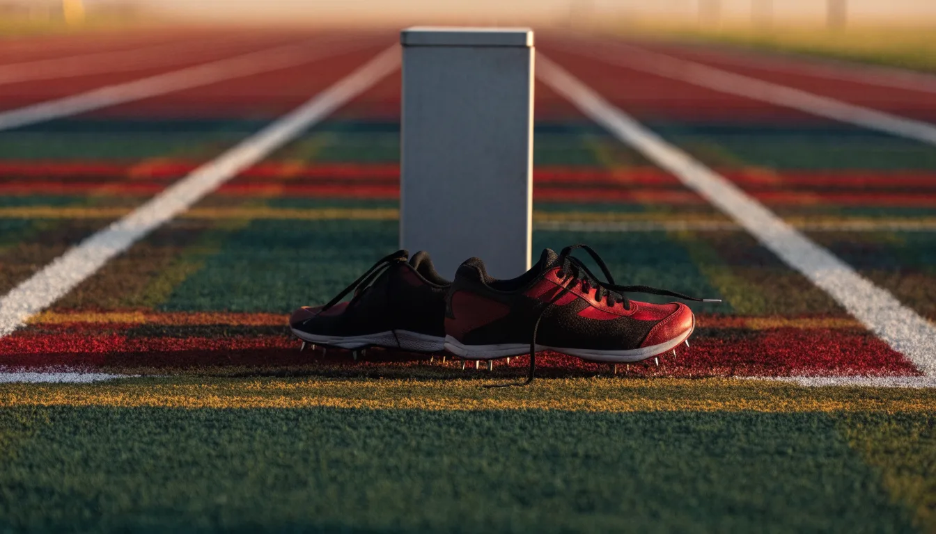Ein Paar Laufschuhe mit Spikes liegt auf einer Tartanbahn neben einem Startblock, die Linien verlaufen in die Ferne.